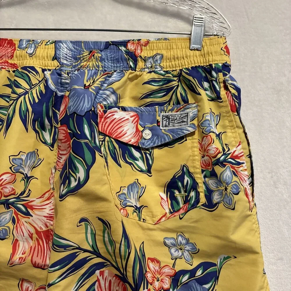 Polo Ralph Lauren Long Swim Trunks Men's Large Yellow Hibiscus Floral Traveler